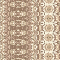 Sampler of two intricate ornamental patterns. Abstract symmetrical designs with ethnic motifs in warm brown and beige