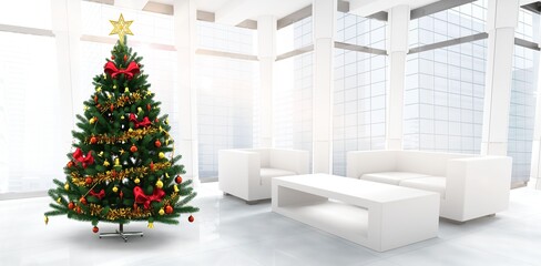 Modern lounge is showcasing glowing Christmas tree, red bows, gold tinsel, white furniture, windows