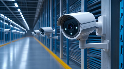 Security camera surveillance warehouse modern technology safety blue interior protection