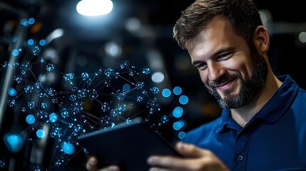 Caucasian bearded man in blue polo shirt smiling while using digital tablet with glowing network visualization effect, illuminated by dramatic lighting in dark environment.