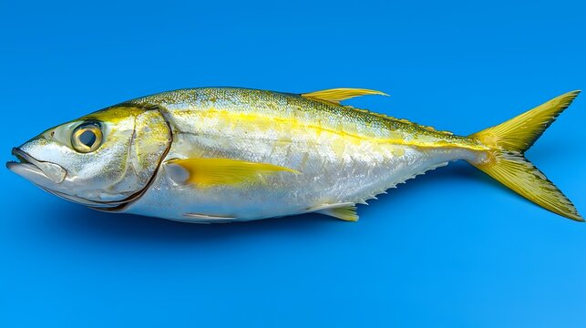Fresh yellowtail amberjack fish with silvery scales and bright yellow fins isolated on blue background for seafood market and culinary design projects.