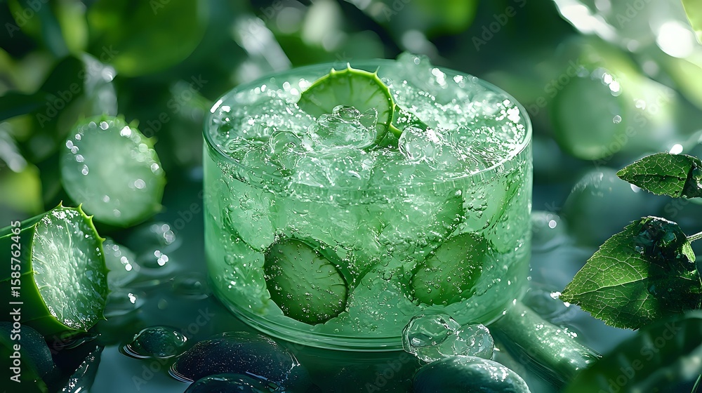 Poster fresh cucumber drink with ice cubes and sliced cucumber in glass on green background with water drop