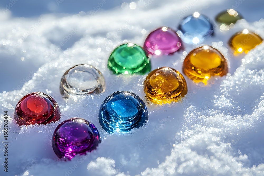 Aufkleber colorful glass gems arranged in curved line on fresh white snow with sparkling bokeh effect and soft