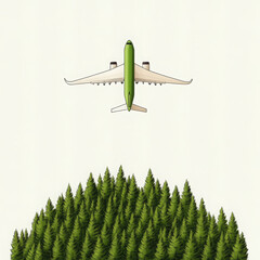 Green cargo plane flying above dense forest, minimal style, peaceful travel concept