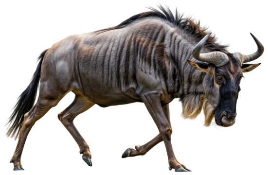 a blue wildebeest, Connochaetes taurinus, walking on the plains