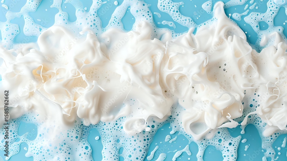 Poster white foam soap bubbles on bright turquoise blue water surface with swirling patterns and dynamic te