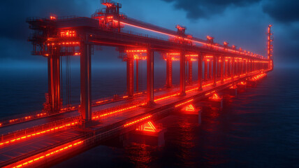 Futuristic port structure illuminated with red neon lights over dark ocean, dramatic atmosphere