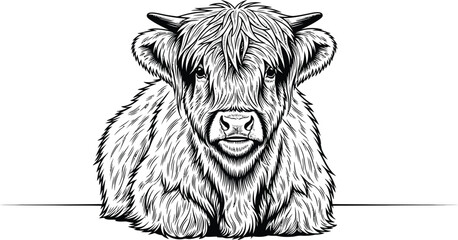 Black and white drawing portrays a furry Highland cow resting.