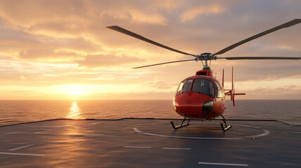 Red rescue helicopter helipad sunset, ocean background, emergency transport, calm atmosphere