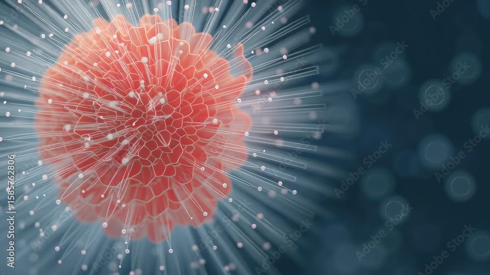 Poster abstract digital representation of a virus structure with glowing elements on a blurred background