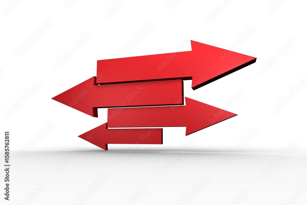 Poster four red 3d arrows are stacking staggered vertically, casting subtle grey shadows on white backdrop