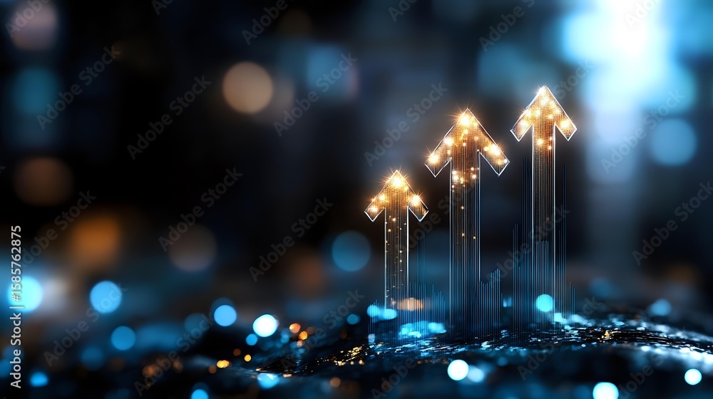 Poster glowing upward arrows with sparkles on dark blue bokeh background symbolizing growth, success and fi