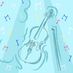 Composition of notes and violing drawing on blue background
