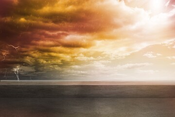 Stormy sky and ocean horizon are unfolding in flat design with rain shafts and lightning bolts