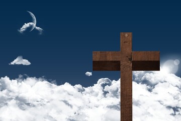 Flat design wooden cross is rising above clouds under blue sky, revealing moon and sun glare