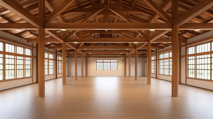 Spacious wooden warehouse interior with exposed beams, large windows, and natural light
