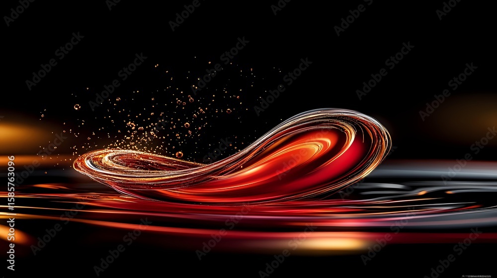 Poster abstract red and orange liquid wave formation with glowing light trails and sparkles against dark ba