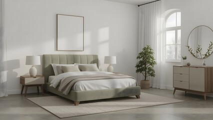 Serene Minimalist Bedroom Interior: Sage Green Upholstered Bed, Natural Light, Mockup Canvas