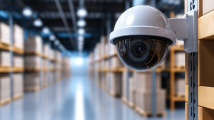 Security camera monitoring warehouse with shelves, boxes, and bright lighting for safety