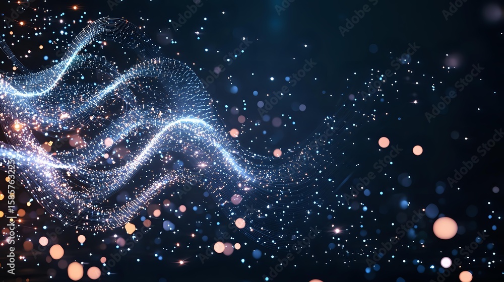 Poster glowing particles form dynamic waves against dark background with shimmering bokeh lights and flowin