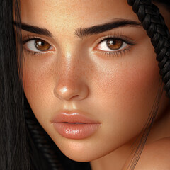 Close up woman face braided black hair natural beauty soft expression smooth skin