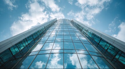 Fototapeta premium Modern skyscraper glass facade reflecting clouds