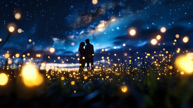 Fototapeta Romantic silhouette of couple embracing against starry night sky with glowing bokeh lights and magical atmosphere creating dreamy outdoor scene.