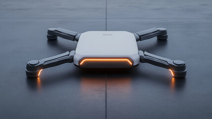 Futuristic cargo drone, modular design, white body, orange LED, sleek, industrial floor