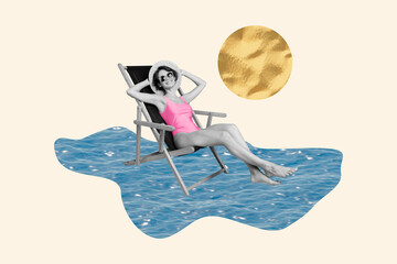 Composite image montage trend artwork 3D collage of young lady sit armchair rest comfy sun sea...