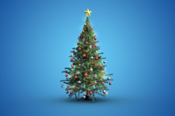 Decorated Christmas tree is standing against blue gradient backdrop with glowing star, red baubles