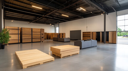 Modern warehouse wood storage pallet shelving spacious industrial organized clean