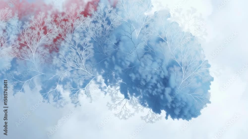 Poster surreal abstract art with red and blue tree-like structures on soft white background