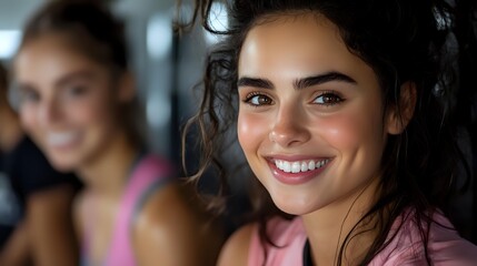 Young Hispanic woman with bright smile wearing pink workout top at fitness center, natural makeup and curly dark hair, wellness and active lifestyle concept.