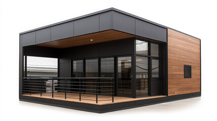 Modern compact warehouse exterior with wood panel, black metal frame, glass door, and balcony