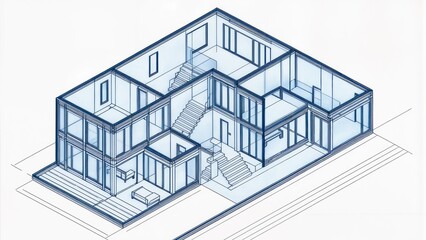 Detailed 3D House Blueprint in Minimalist Monochrome Style