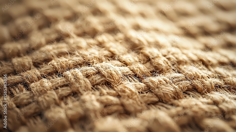 Poster close up macro shot of natural burlap fabric showing detailed woven jute fibers texture with shallow