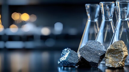 Raw minerals and laboratory glass flasks on dark background with bokeh lights, showcasing scientific research and geological specimens in modern lab setting.