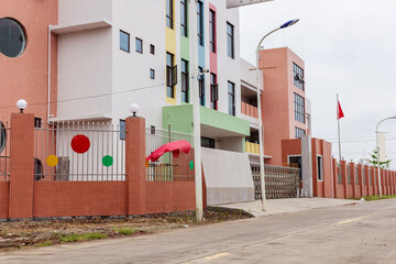 The newly-built pink kindergarten building