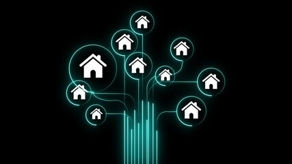 Animation of network of connections with home icons over Social network media concept Digital network connecting home globally, representing customer relationships glowing background.  - Powered by Adobe
