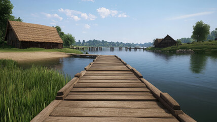 Wooden pier extends over calm river with rustic huts, lush greenery, peaceful rural landscape