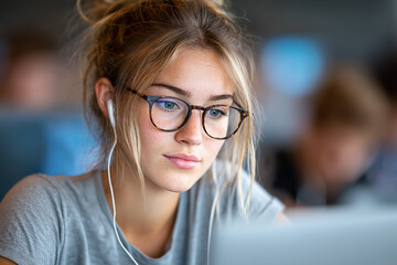 A focused young female student with glasses and earphones works on her laptop. A beautiful, candid portrait of a woman concentrating on her studies in a library or computer lab. E-learning concept.