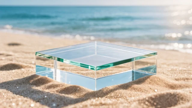 Elegant Glass Display Stand with Soft Sea Background
