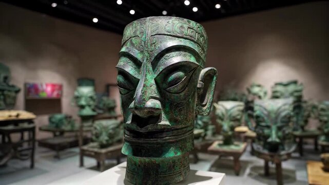 Close-up of the museum's bronze mask The head of the bronze man in Sanxingdui