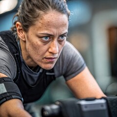 Fototapeta premium Intense workout face. An extreme close-up portrait of a woman with a determined and focused expression, showing great effort during a workout.
