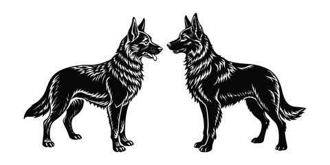 Silhouette of Alert German Shepherd Dog Side Profile Standing with Perked Ears – Strong Guard Dog Vector Illustration on White Background for Pet and Animal Designs