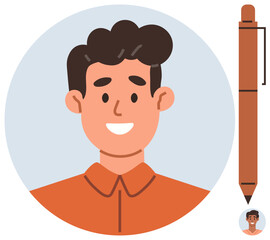 Smiling man in orange shirt within a circle, ballpoint pen with profile icon beside him. Ideal for branding, avatar selection, business profiles, creativity, personal identity, education, simple