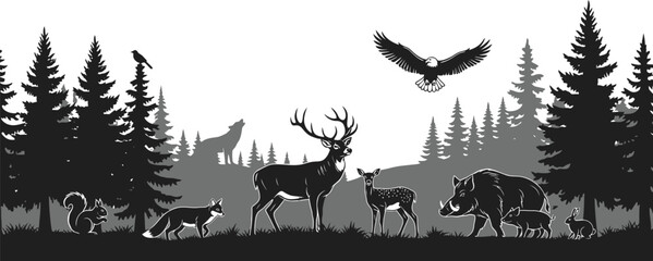 Wildlife silhouettes populate a forest landscape with mountains © Zelish