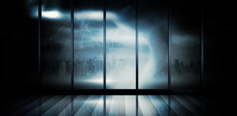 Swirling storm vortex is sending lightning through glass walls onto wooden floor glowing dimly © vectorfusionart