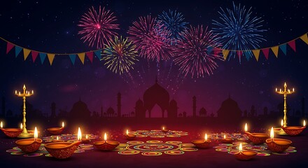 A vibrant illustration capturing the essence of Diwali, featuring numerous lit traditional diyas and intricate rangoli patterns against a backdrop of a silhouetted Indian cityscape under a sky 