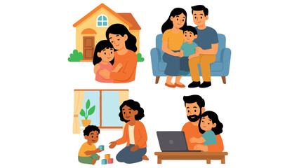 Happy Family Illustration Parents with Children Kids at Home Representing Love, Bonding, Parenthood, and Family Life for Lifestyle and Back to School Emotional Design Themes